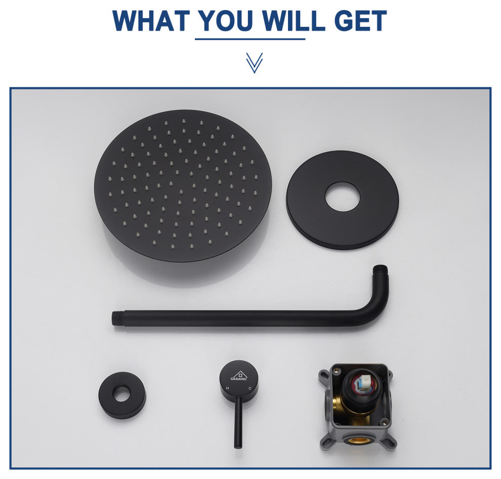 CASAINC 10" Round Wall Mounted Rainfall Luxury Shower System Kit, Matte Black