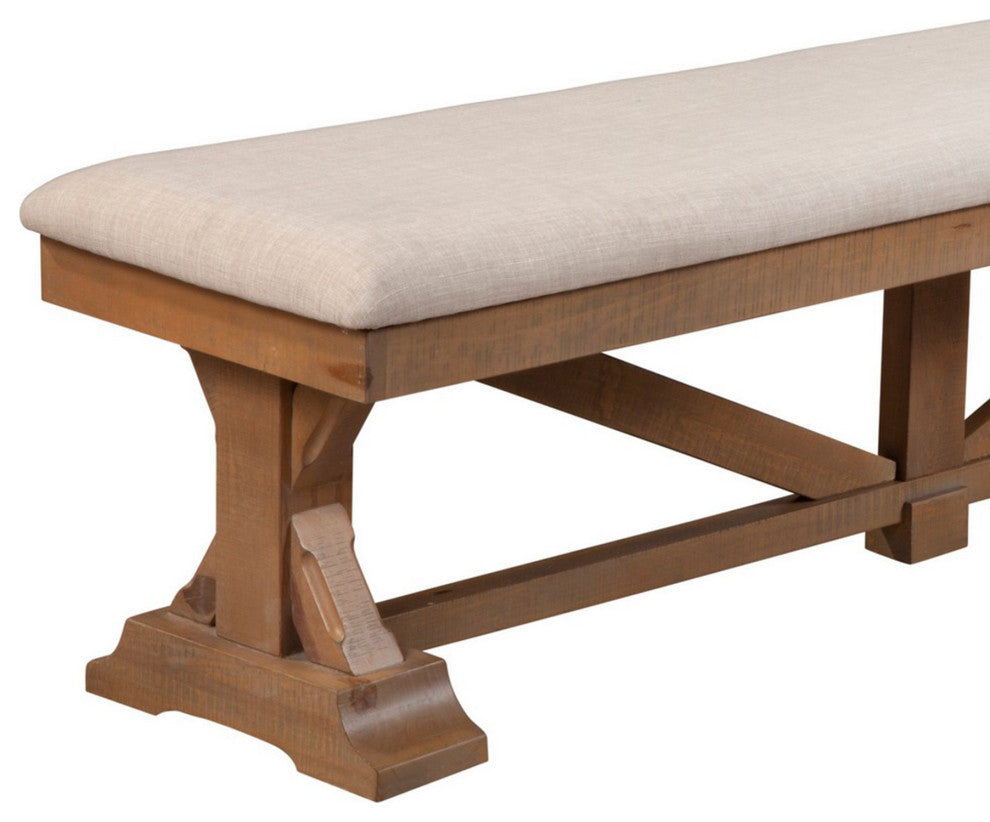 Benzara BM283851 69" Dining Accent Bench Beige Fabric Cushion, Pine Wood, Brown