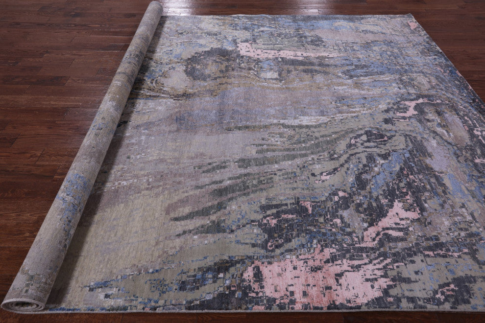 9' 0" X 11' 9" Abstract Hand Knotted Wool and Silk Rug Q7051