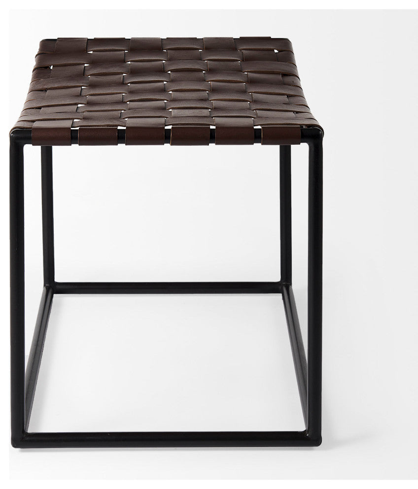 Clarissa Dark Brown Genuine Leather Woven Seat w/Black Metal Frame Stool