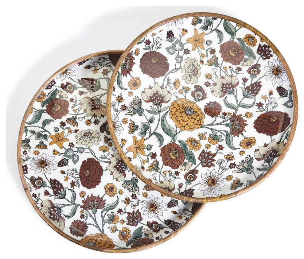 Two's Company Naturally Floral Set of 2 Wood Round Trays with Enamel