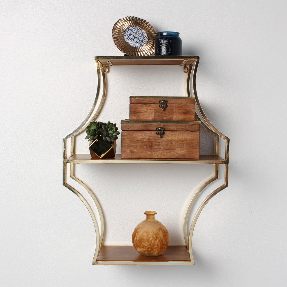 Liara Floating 3 Shelves, Walnut Wood and Gold