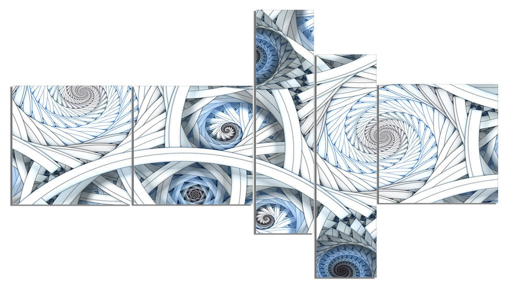 White Spiral with Blue Fractal Art, Large abstract art, 60"x32", 5 panels