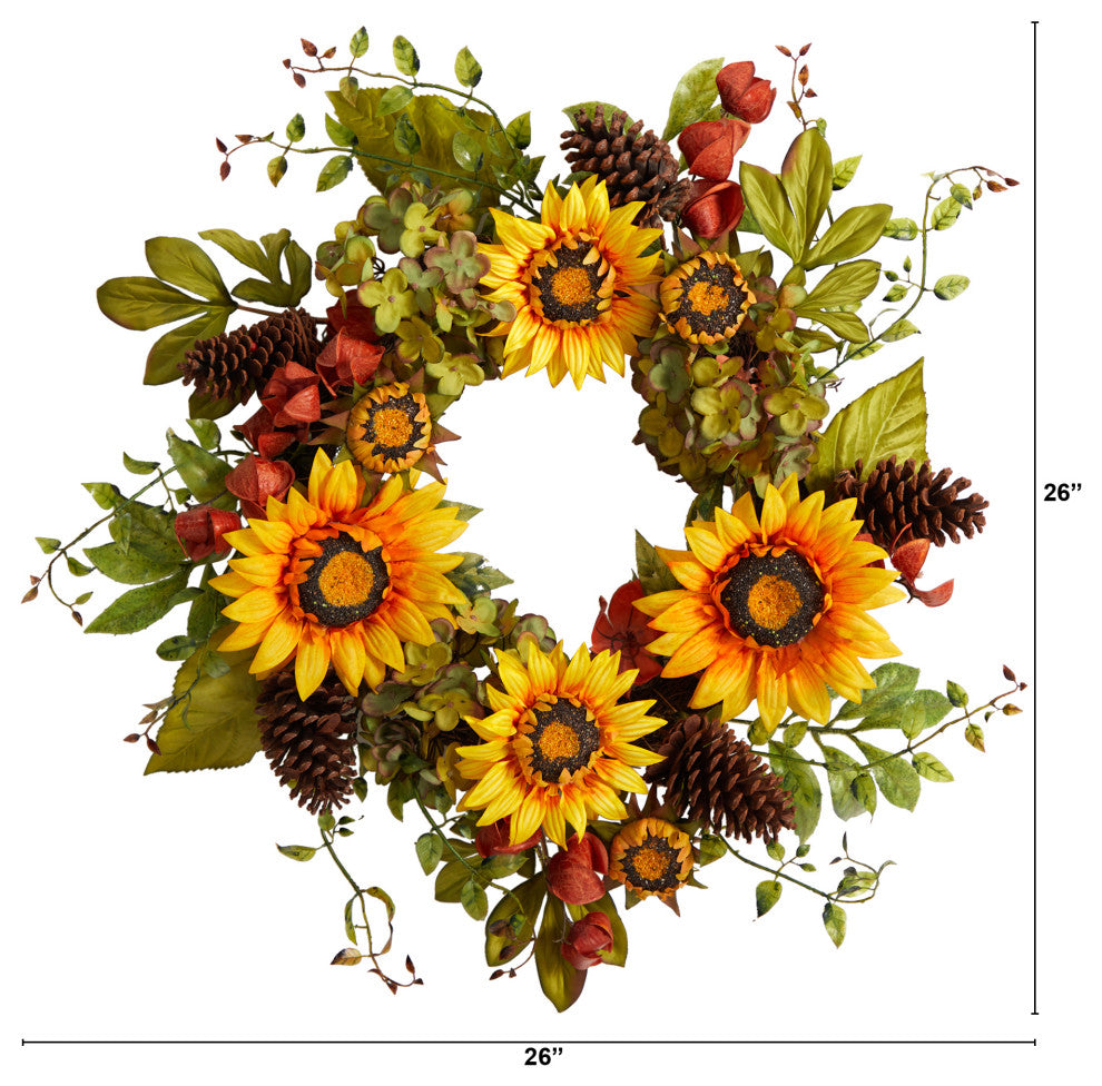 26" Fall Hydrangea, Sunflower and Pinecones Artificial Autumn Wreath