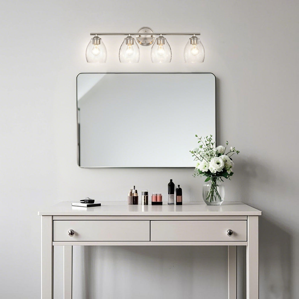 30 in. 4-Light Brushed Nickel Vanity Light With Bell-shaped Seedy Glass Shades