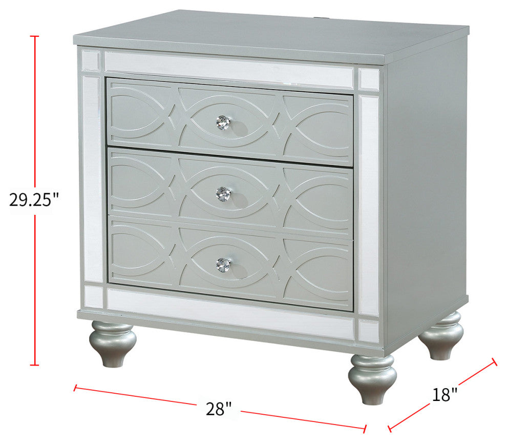 Glam 3 Drawers Nightstand with Dual USB Port, Silver