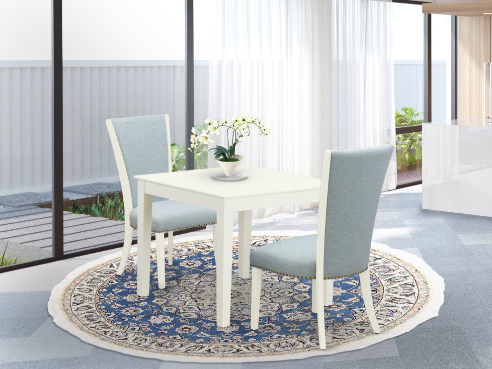 A Dining Set Of 2 Indoor Chairs, Baby Blue Color, Square Table, Linen White
