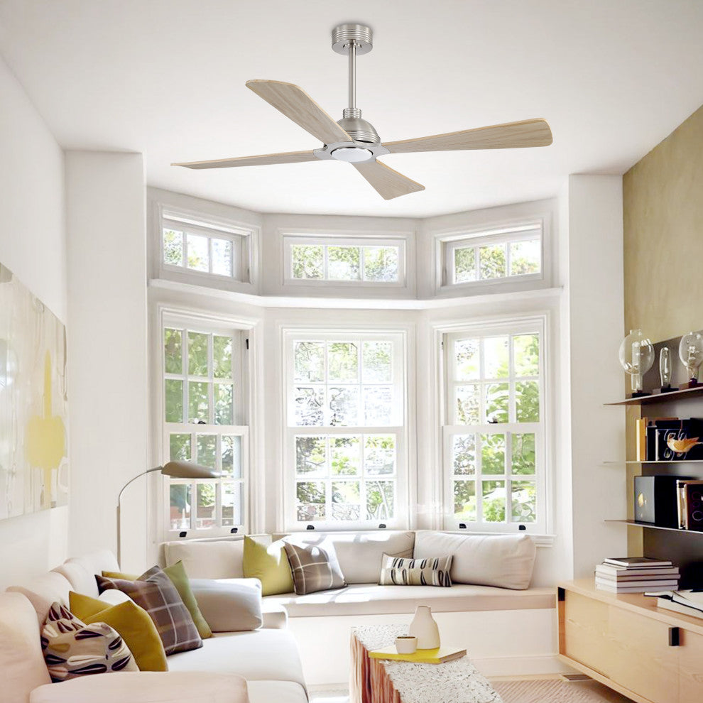 56" 4-Blade Solid Wood Ceiling Fan with LED Light and Remote Control, Brushed Nickel/Natural Wood