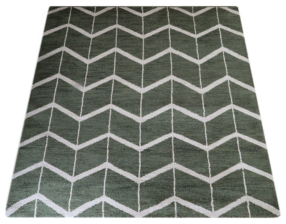 Hand Knotted Wool Area Rug Geometric Green Beige
