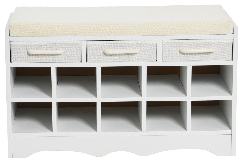 Entryway Storage Bench, 3 White Drawers 10 Shoe Compartments, Cushioned Seat
