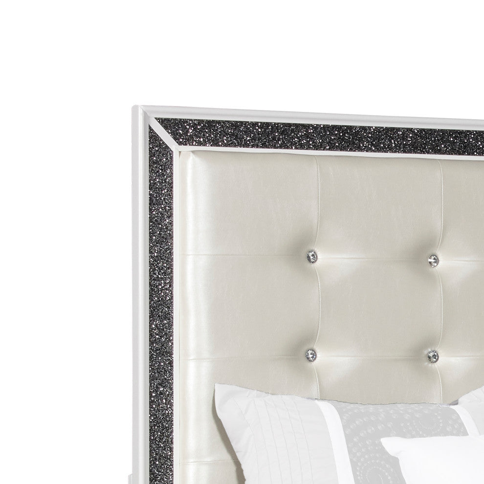 Benzara BM220400 Faux Crystal Tufted Queen Headboard With Straight Legs, White