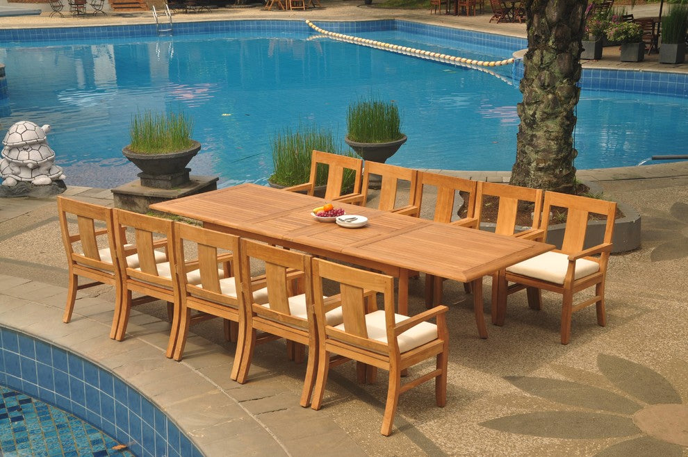 11-Piece Outdoor Teak Dining Set, 117" Extn Rectangle Table, 10 Osbo Arm Chairs