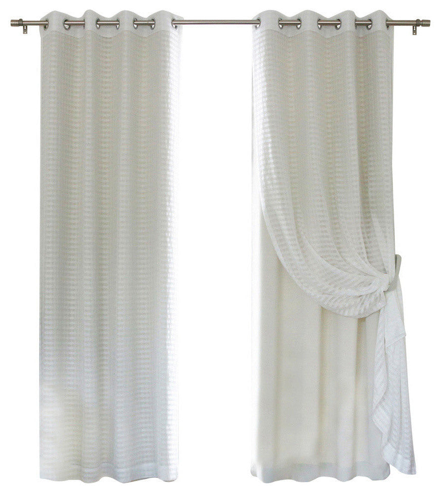 Checkered Sheer and Blackout Layered Curtains, Pair, Beige
