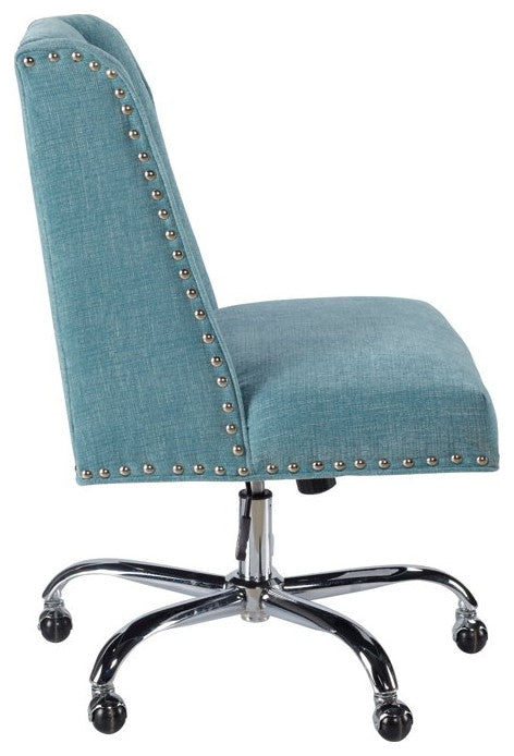 Unique Office Chair, Cushioned Seat & Nailhead Trim Accents, Aqua Fabric