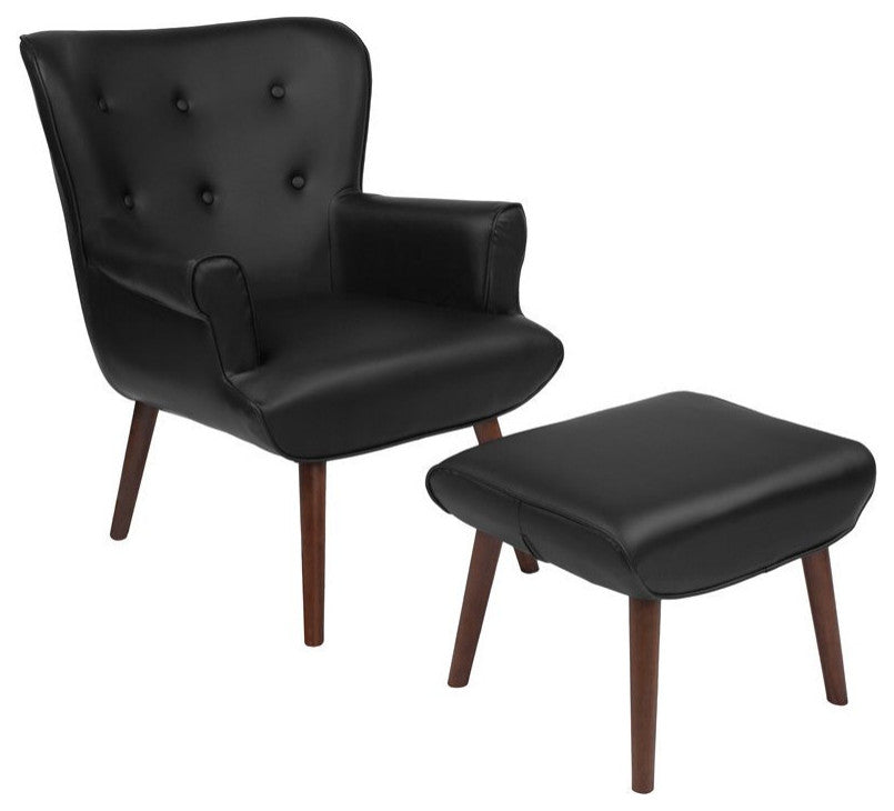 Bayton Upholstered Wingback Chair With Ottoman In Black Leather