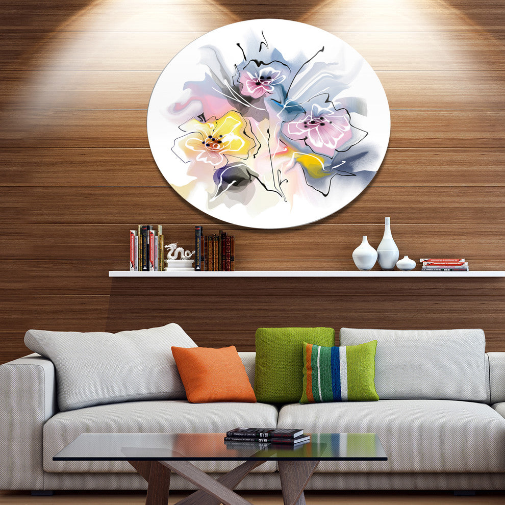 Textured Floral Drawing, Floral Disc Metal Wall Art, 11"