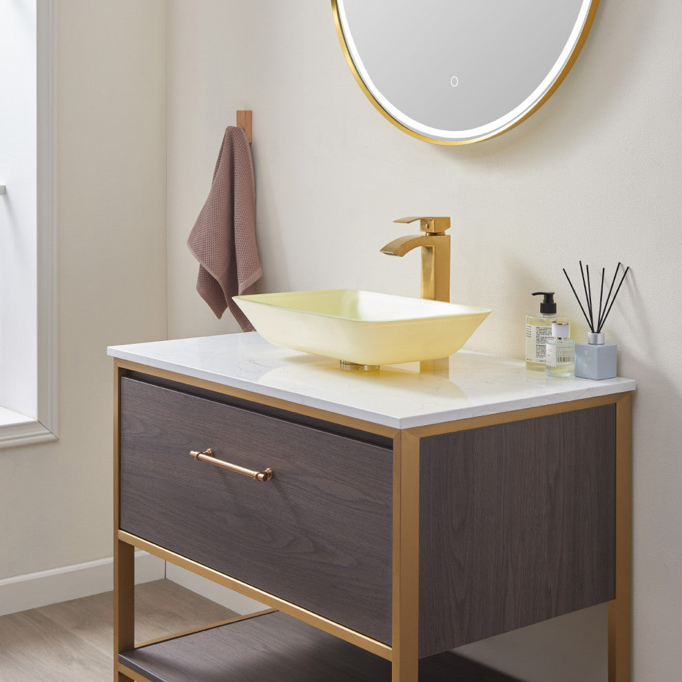 Glass Rectangular Vessel Bathroom Sink without Faucet, Matte White