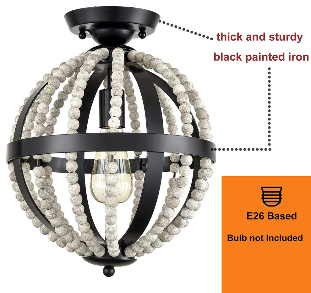 Vintage Globe Semi Flush Mount Lighting, Boho, Wood Ceiling Light Fixture