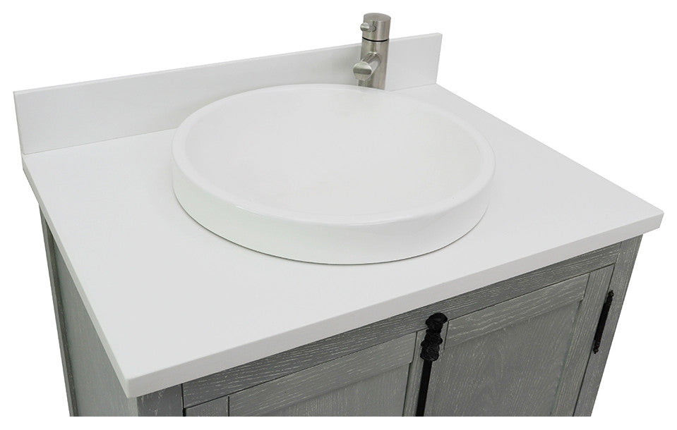 30" Single Vanity, Gray Ash, White Engineered Stone Top, Round Sink