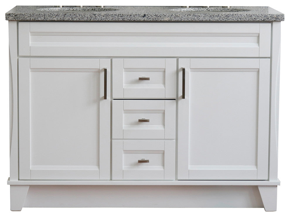 48" Double Sink Vanity, White Finish With Gray Granite And Oval Sink