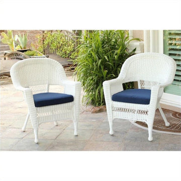 Pemberly Row Wicker / Rattan Chair with Cushion in White/Blue (Set of 2)