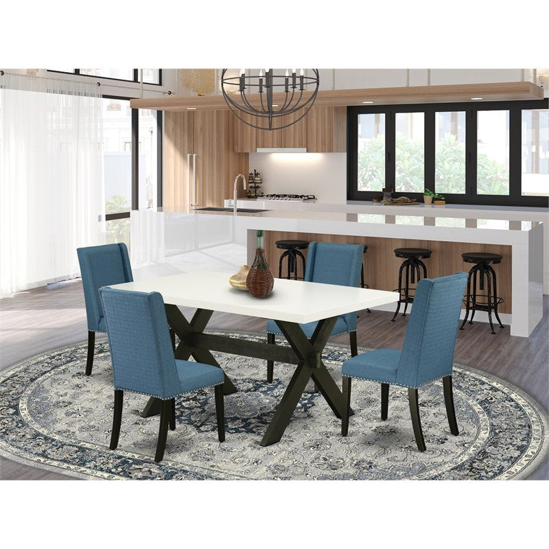 5-Piece Set Linen White Wood Table Top and 4 Linen Fabric Chairs, Black