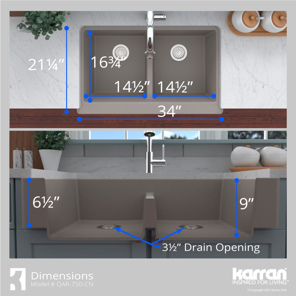 Karran Retrofit Farmhouse Quartz 34" Double Bowl Sink Kit, Concrete