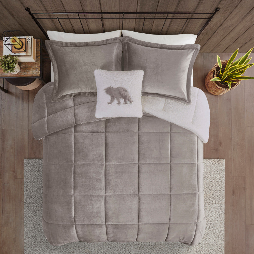Woolrich Alton Plush to Sherpa Winter Comforter Set, Light Gray, King