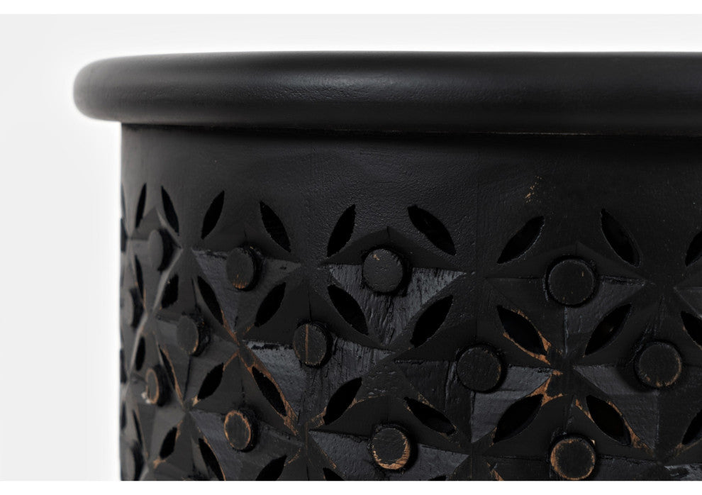 Mango Wood Handcrafted Solid Hardwood Drum Table, Antique Black Finish Set of 2