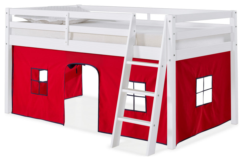 Twin Wood Junior Loft Bed With White With Red And Blue Tent