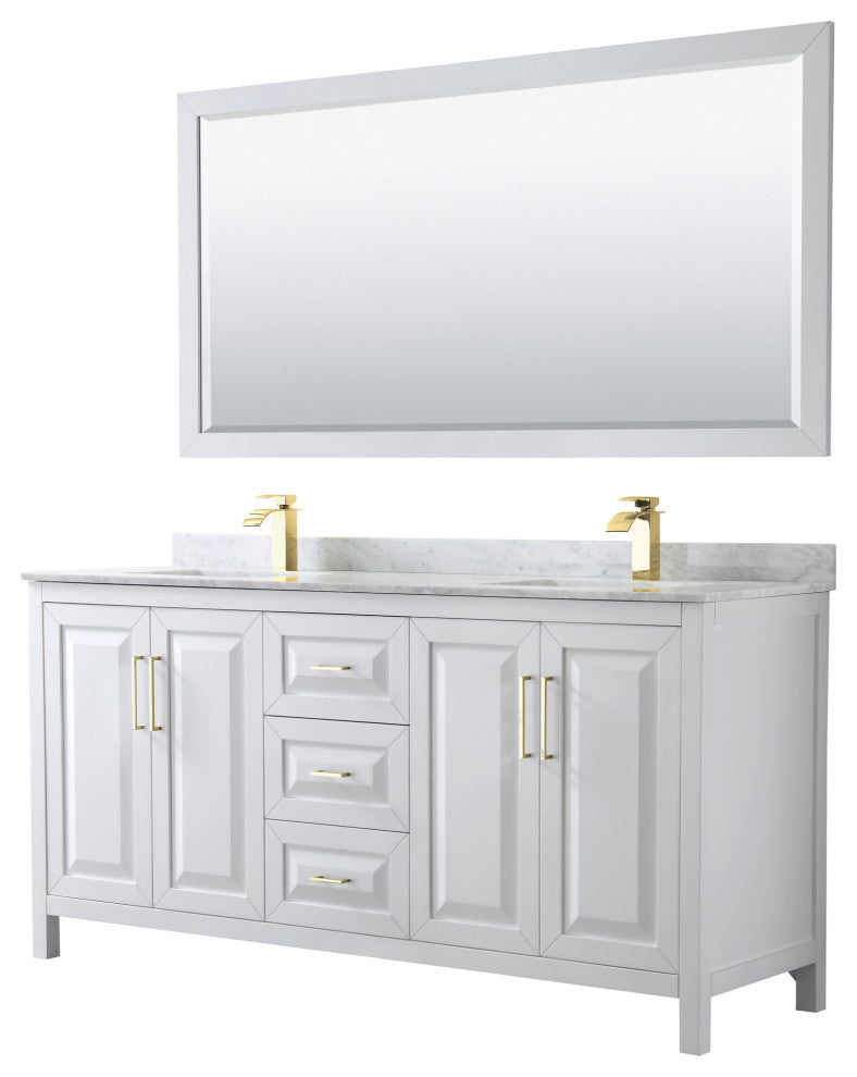 72"DBL Bath Vanity White, Carrara Countertop, Sinks, 70" Mirror, Gold Trim
