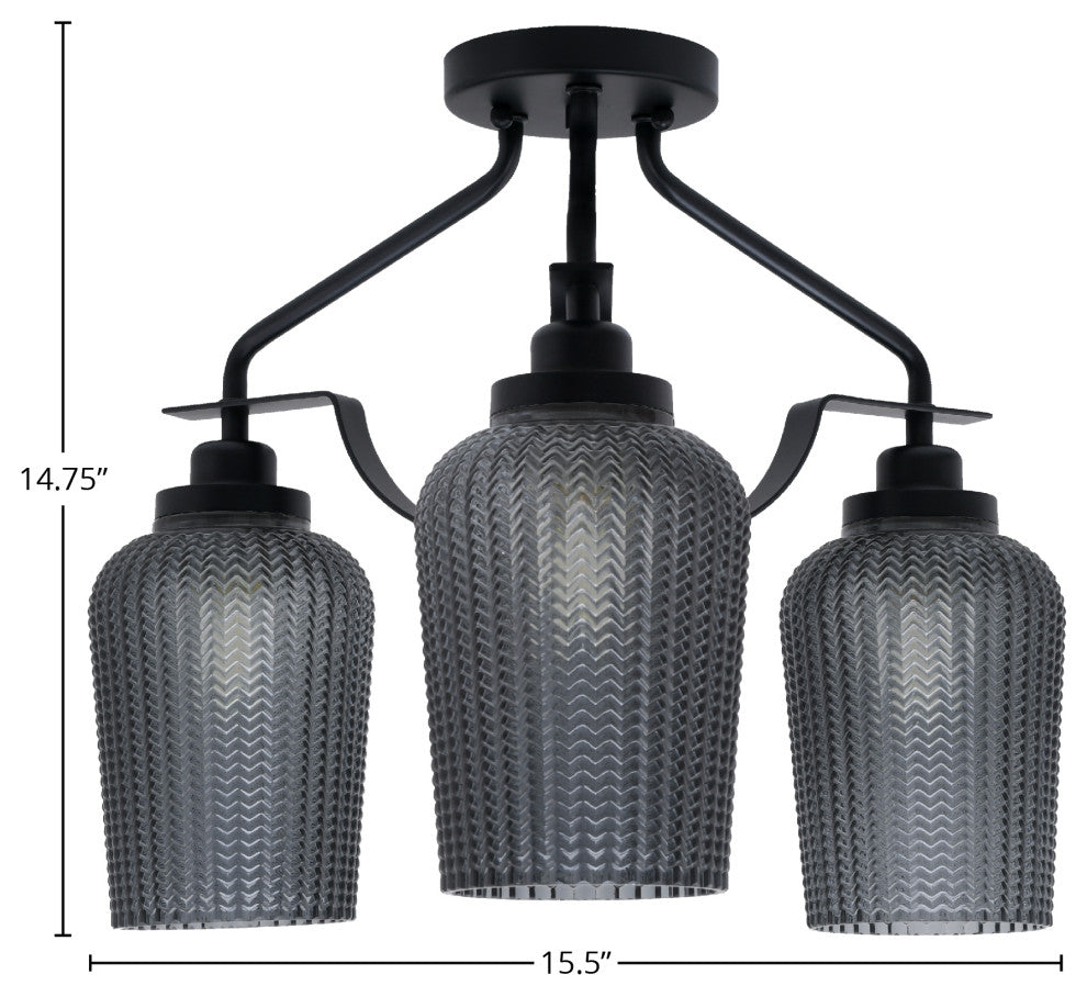 Odyssey 3 Light Semi Flush Mount, Matte Black Finish, 5" Smoke Textured Glass
