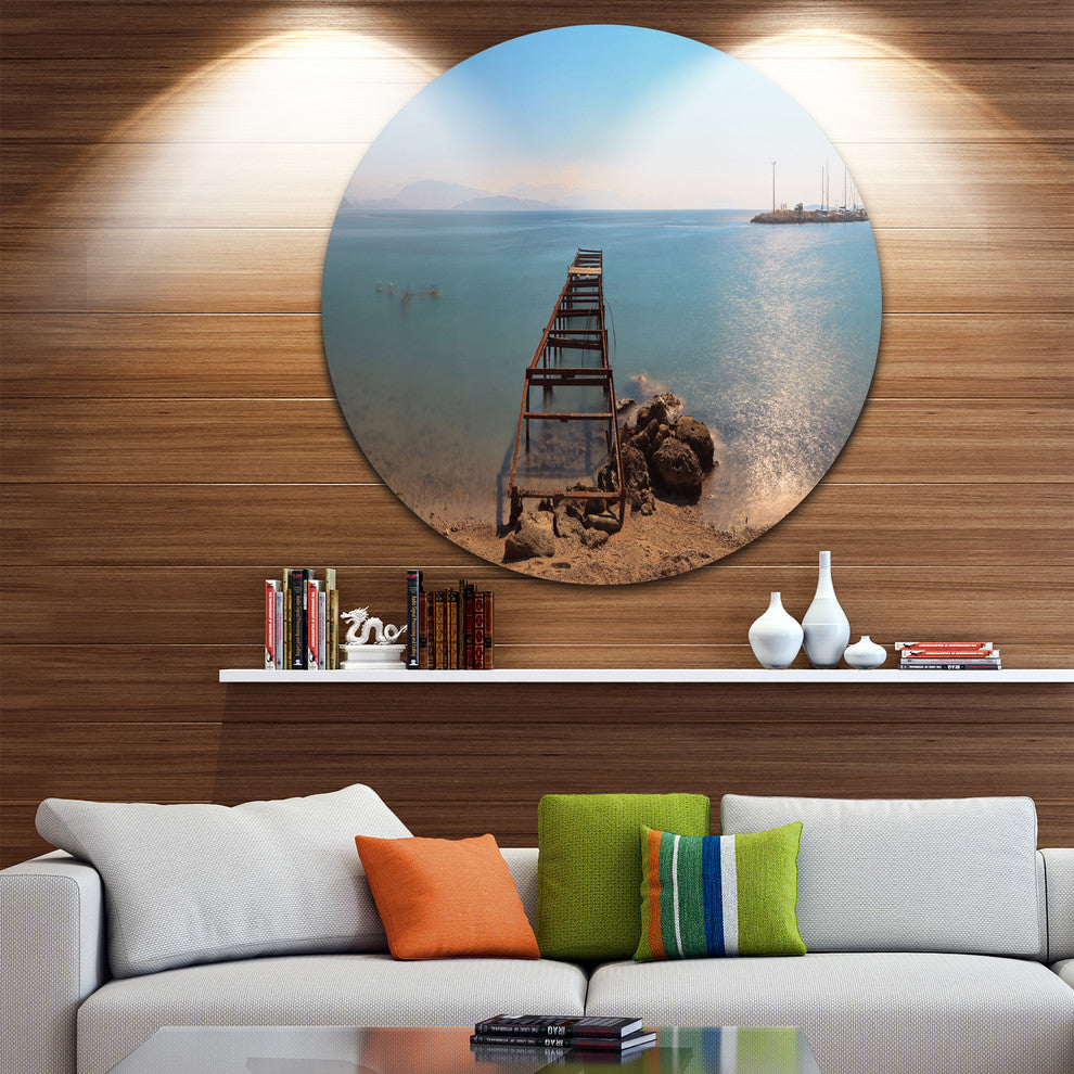 Old Pier At Beach Panoramic View, Wooden Sea Bridge Disc Artwork, 11"
