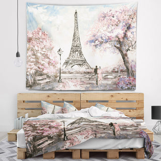 Eiffel with Pink Flowers Landscape Wall Tapestry, 92"x78"
