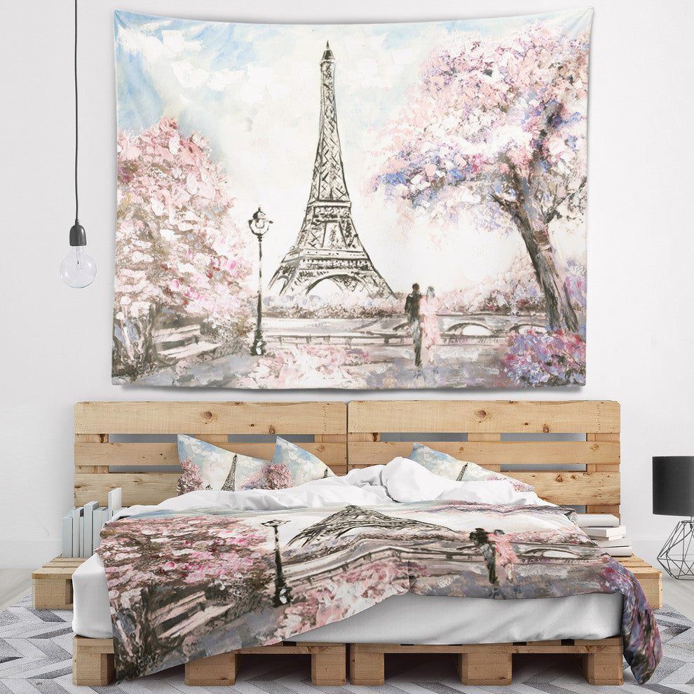 Eiffel with Pink Flowers Landscape Wall Tapestry, 92"x78"
