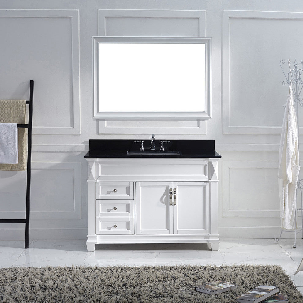 Virtu Victoria 48" Single Bathroom Vanity, White, Black Granite Top, Mirror