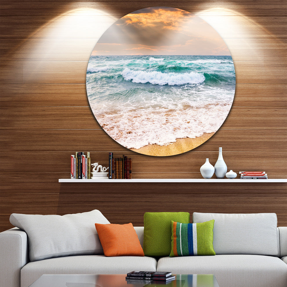 Blue Sea Waves Kissing Sandy Beach, Seashore Round Metal Wall Art, 38"