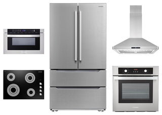 5PC, 30" Cooktop 30" Range Hood 24" Wall Oven 30" Microwave & Refrigerator