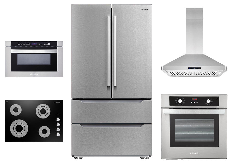 5PC, 30" Cooktop 30" Range Hood 24" Wall Oven 30" Microwave & Refrigerator