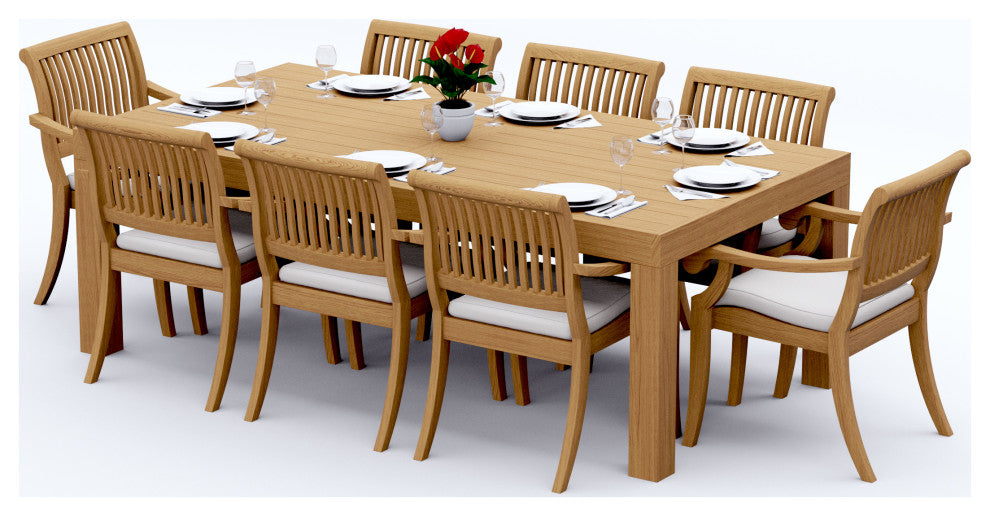 9-Piece Outdoor Teak Dining Set: 86" Rectangle Table, 8 Arbor Stacking Arm Chair