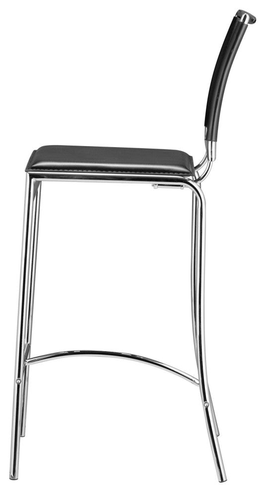 Bar Stool Chair Barstool, Set of 2, Faux Vinyl Leather, Steel, Black, Chrome