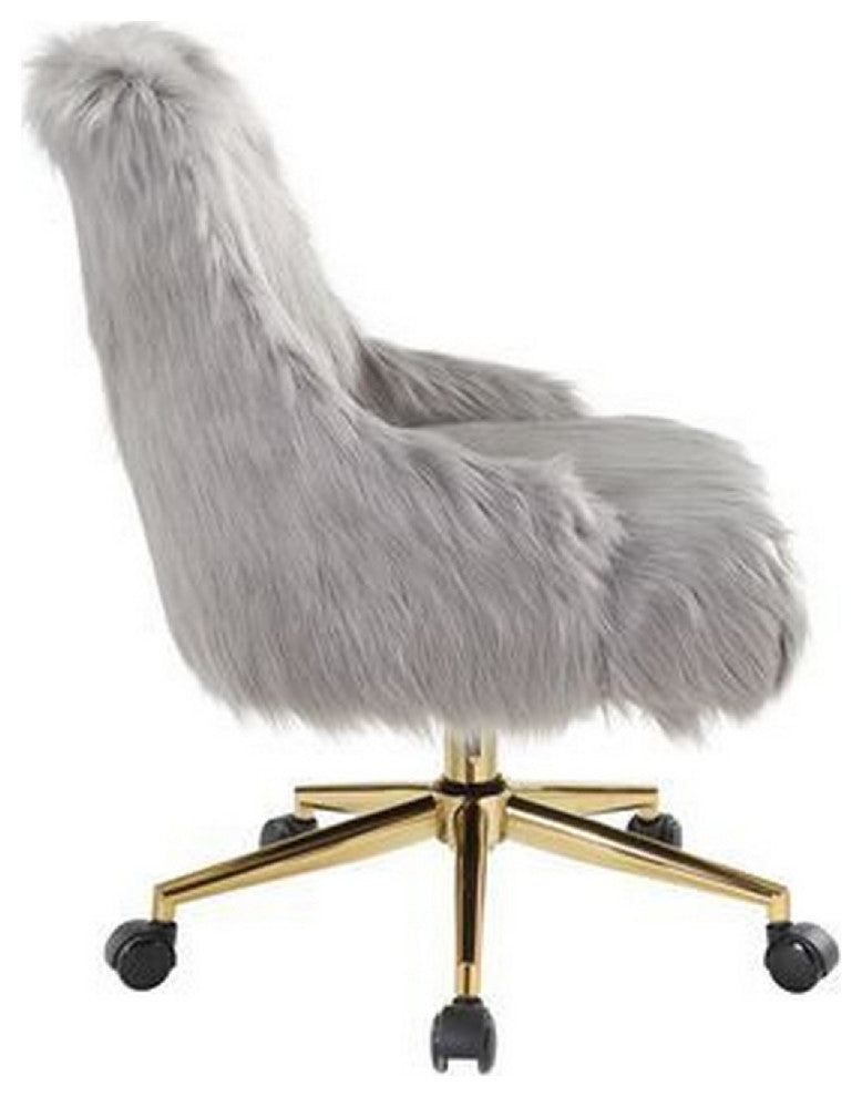 Benzara BM269064 Swivel Office Chair With Faux Fur Fabric, Gray and Gold