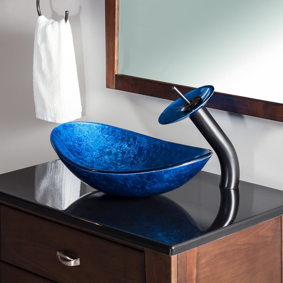 Azzurro Blue Foiled Oval Tempered Glass Vessel Bathroom Sink, TIG-S132-8031