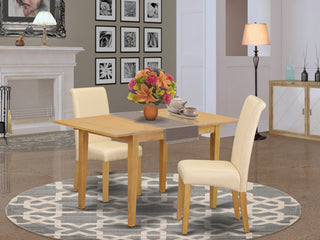 3Pc Kitchen Table With Linen Beige Fabric Kitchen Chairs With Oak Chair Legs