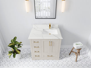 Boston 36" Right Offset Bath Vanity in Fine Grain 1.5" Calacatta Laza