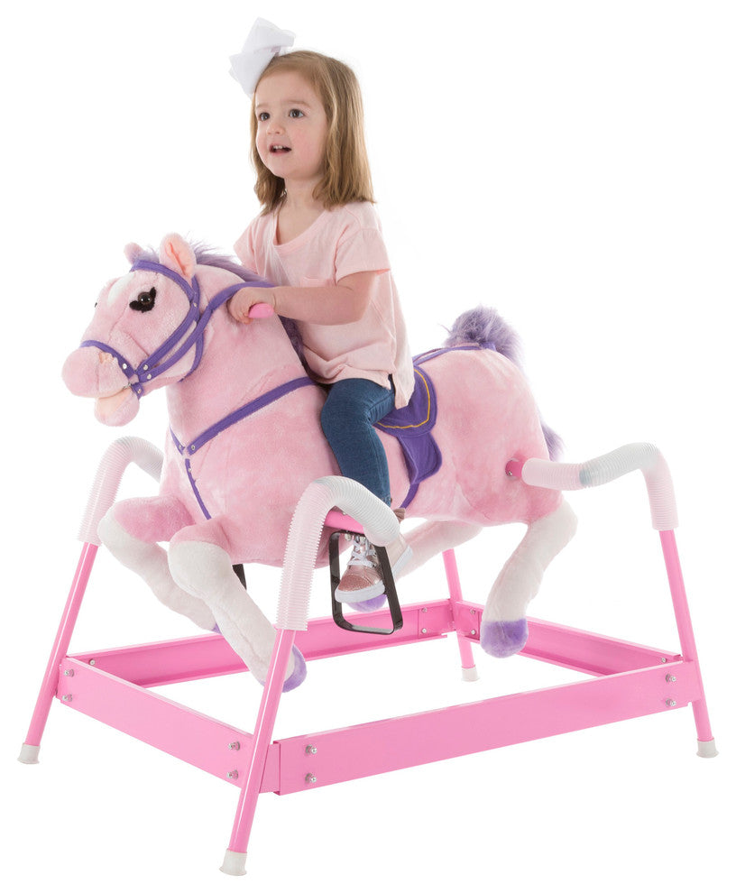 Spring Rocking Horse Plush Ride on Toy with Stirrups and Sounds, Pink