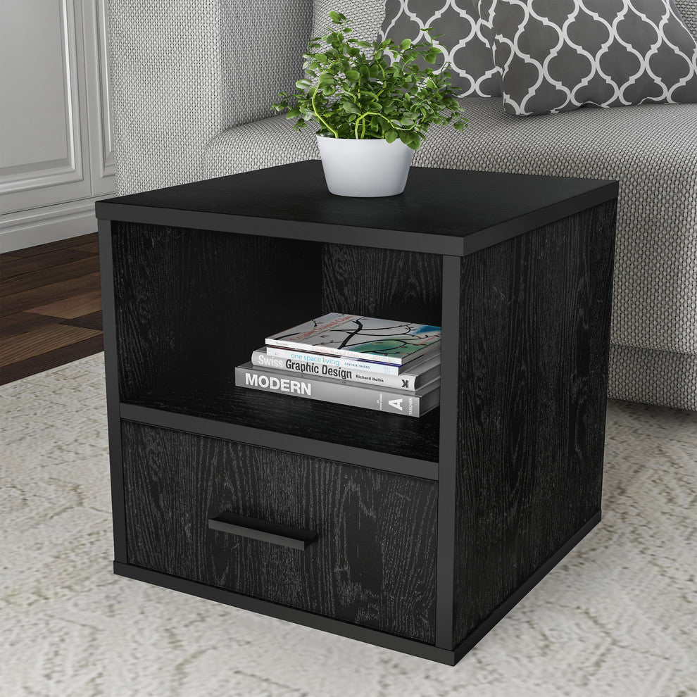 Lavish Home Stacking Modular Cube Endtable With Drawer, Black