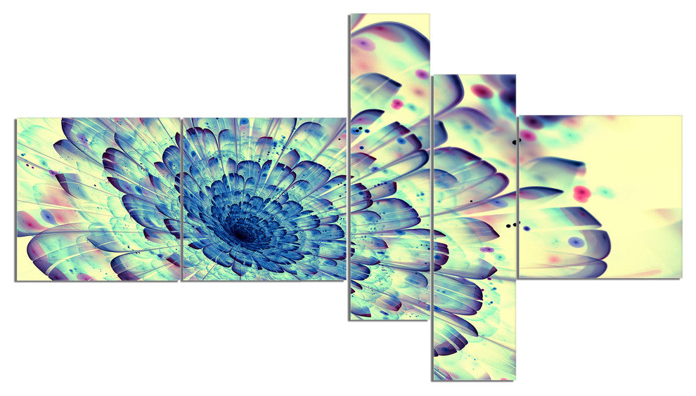 Blue Fractal Flower with Red Details, Abstract Canvas Print, 60"x32", 5 panels