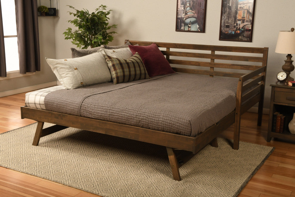 Boho Daybed With Pop Up and Linen Stone Mattresses, Rustic Walnut