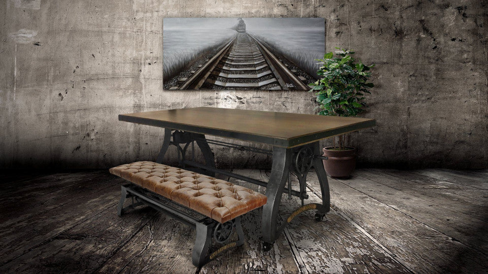 Crescent Industrial Dining Bench - Adjustable Iron Base - Brown Leather Seat